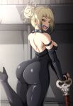 1girl alternate_costume ambiguous_background arm_strap ass back bangs bare_back bare_shoulders big_ass big_breasts black_arm_strap black_bodysuit black_collar blonde_female blonde_hair blunt_bangs blush bodysuit boku_no_hero_academia collar double_bun fangs female_only female_solo from_behind hair_bun half-closed_eyes high_heel_bodysuit high_heels himiko_toga holding holding_object holding_staff huge_ass jewelry kawer legs light-skinned_female light_skin looking_at_viewer looking_back medium_breasts messy_hair my_hero_academia naughty_face neck open_mouth round_teeth short_hair sideboob skin_tight skull smile spiked_collar spikes staff standing standing_on_one_leg strapless strapless_bodysuit supervillainess teeth thick_thighs thighs tied_hair toga_himiko tongue tongue_out upper_teeth upper_teeth_only villainess yellow_eyes 