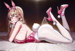 1girl animal_ears ass ass_focus blush breasts bunny_ears bunny_tail bunnysuit fake_animal_ears goddess_of_victory:_nikke high_heels huge_ass huge_breasts lace lace_pantyhose lace_pantyhose_hooked_on_heel_(meme) leggings light-skinned_female light_skin looking_at_viewer meme natsue99 on_stomach smile thick_thighs thighs viper_(nikke)