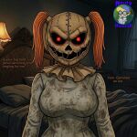  1girl 1girls animatronic animatronic_female animatronic_girl big_breasts burlap_skin creepy curvy_figure dress glowing_eyes halloween nerdyminerva pigtails red_eyes scary sitter_of_souls 
