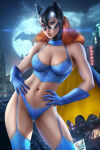  1girl alternate_costume ayyasap barbara_gordon bare_shoulders bat_signal batgirl batman_(series) big_breasts black_mask blue_bra blue_cape blue_eyes blue_gloves blue_lingerie blue_underwear bra breasts brown_hair brown_lipstick building cape city cityscape cleavage contrapposto dc_comics female_only female_solo garter_straps gloves hands_on_hips head_tilt heroine light-skinned_female light_skin lingerie lips lipstick long_hair looking_at_viewer makeup mask medium_breasts midriff navel night night_sky outside parted_lips serious sky standing straight_hair superheroine thick_lips two-tone_cape underwear yellow_cape 