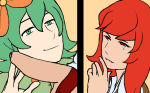  1futa 1girl 2_girls before_oral before_sex biting_lip clothed clothed_sex flat_colors flora_(pokemon) flora_grevillea flower_in_hair green_eyes green_hair gym_leader lesbian_couple nude penis pokemon pokemon_fangame pokemon_rejuvenation red_eyes red_hair rune_hagan sex tagme tear tear_of_pleasure wip yuri 