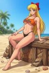 1girl adult_swim alluring bare_legs beach bikini bishoujo_senshi_sailor_moon bishoujo_senshi_sailor_moon_r bishoujo_senshi_sailor_moon_r_the_movie bishoujo_senshi_sailor_moon_s bishoujo_senshi_sailor_moon_s_the_movie bishoujo_senshi_sailor_moon_supers bishoujo_senshi_sailor_moon_supers_the_movie blonde_hair blue_eyes blue_sky dario fanta minako_aino ocean pin_up posing toei_animation toonami under_boob viz_media 