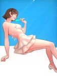  1girl 1girl absurd_res alluring ass atlus bikini bikini_skirt black_hair blue_background braid closed_mouth commentary crown_braid english_commentary food foot_out_of_frame halterneck hand_up high_heels high_res holding holding_food holding_popsicle invisible_chair lips looking_at_viewer makoto_niijima official_alternate_costume persona persona_5 popsicle sega shoes short_hair silf sitting small_breasts swimsuit thighs tuhumakai two-tone_background untranslatable_commentary white_background white_bikini white_shoes 