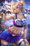  1girl alternate_version_available arm_at_side armpits ayyasap bangs bare_arms bare_shoulders belt big_breasts black_wristband blonde_female blonde_hair blue_eyes blue_skirt blue_tank_top blurry blurry_background blush breasts candy candy_in_mouth chainsaw cheerleader cheerleader_outfit cheerleader_uniform cleavage collarbone female_only female_solo food food_in_mouth hair_ornament hair_scrunchie hand_on_knee hand_on_leg hand_on_thigh hand_up head_tilt holding holding_chainsaw holding_weapon juliet_starling legs legwear lips lipstick lollipop lollipop_chainsaw lollipop_in_mouth long_hair looking_at_viewer makeup midriff miniskirt mouth_hold nail_polish naughty_face navel neck pink_hair_ornament pink_lipstick pink_nails pink_scrunchie pleated_skirt red_belt scrunchie skirt sleeveless smile standing stockings swept_bangs tank_top thick_lips thighs tied_hair twin_tails uniform warner_brothers weapon white_legwear white_thighhighs wristband wristwatch 