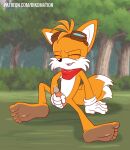  1boy animated anthro balls barefoot bikomation closed_eyes gif goggles_on_head loop male masturbation miles_&quot;tails&quot;_prower multiple_tails open_mouth outside penis precum scarf sega sonic_the_hedgehog_(series) tongue tongue_out white_belly white_gloves yellow_fur 