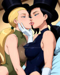  2_girls alternate_costume artemis_(dc) artemis_crock bare_arms bare_shoulders bed black_hair black_hat black_headwear black_leotard blonde_female blonde_hair blue_eyes breast_press breasts couple covered_navel covered_nipples critadako dc_comics duo dutch_angle eye_contact female/female female_only friends gloves green_leotard half-closed_eyes hat headwear heroine indoors kissing leotard light-skinned_female light_skin lips lipstick long_hair looking_at_another love magician makeup medium_breasts multiple_girls mutual_yuri navel neck nipples on_bed parted_lips pillow pink_lipstick ponytail romantic romantic_couple see-through see-through_clothes see-through_leotard sleeveless sleeveless_leotard superheroine tied_hair top_hat turtleneck turtleneck_leotard white_gloves young_justice yuri zatanna zatanna_(young_justice) zatanna_zatara 