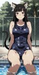 ai_generated asian asian_female bare_thighs big_breasts black_hair blush cat_ears cat_girl cat_tail chainsmoker_cat huge_breasts huge_thighs light-skinned_female light_skin long_hair looking_at_viewer one-piece_swimsuit pool poolside purple_eyes solo_female squatting sweat sweatdrop swimsuit thick_body thick_female thick_thighs thighs voluptuous voluptuous_female yomuko_kaku