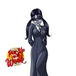 abs arms_behind_back artist_logo artist_request big_breasts biting_lip black_hair black_lips black_lipstick censored collarbone covered_nipples creative_signature erect_nipples feet_out_of_frame glasses groin hair_between_eyes hair_over_eye hair_over_one_eye hands_behind_back harry_potter hogwarts_school_uniform logo long_hair looking_at_viewer moaning_myrtle navel pale-skinned_female pale_skin signature simple_background thick_eyebrows tie toejoeproductions twin_tails white_background