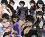  1girl absurd_res alternate_hairstyle animal_print bayonetta bayonetta_(series) big_breasts bikini black-framed_eyewear black_hair blue_eyes bodysuit braid breasts choker cleavage clothes_lift clothing_cutout commentary earrings english_commentary glasses gun hair_ribbon high_res jewelry long_hair looking_at_viewer makeup mole mole_under_mouth multiple_views park_ongjol parted_lips purple_bikini ribbon school_uniform shirt short_hair skirt skirt_lift smile stockings swimsuit twin_braids weapon white_shirt 