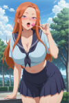  ai_generated bare_thighs blush dosanko_gal_wa_namara_menkoi fuyuki_mai gigantic_breasts huge_breasts huge_thighs light-skinned_female light_skin lollipop long_hair looking_at_viewer massive_breasts mature_female milf open_mouth orange_hair purple_eyes sailor_uniform school_uniform schoolgirl solo_female squatting sweat sweatdrop thick_body thick_female thick_thighs thighs tongue_out voluptuous voluptuous_female 