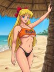  1girl adult_swim alluring bare_legs beach bikini bishoujo_senshi_sailor_moon bishoujo_senshi_sailor_moon_r bishoujo_senshi_sailor_moon_r_the_movie bishoujo_senshi_sailor_moon_s bishoujo_senshi_sailor_moon_s_the_movie bishoujo_senshi_sailor_moon_supers bishoujo_senshi_sailor_moon_supers_the_movie blonde_hair blue_eyes blue_sky dario fanta minako_aino ocean pin_up posing toei_animation toonami under_boob viz_media 