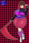  1girl 1girls akumu_(glitchtale) bete_noire big_breasts brown_hair fully_clothed gloves jacket lautaroxgamer_(artist) long_hair pants pink_eyes red_hair scythe shirt shoes socks solo_female text thick_hips thick_legs thick_thighs undertale_(series) undertale_au weapon wide_hips wide_thighs z!betty 