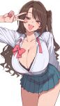  1girl 37bannai ai_generated alternate_breast_size big_breasts blush breasts brown_hair collarbone gal gigantic_breasts gyaru happy happy_female huge_breasts idolmaster idolmaster_cinderella_girls light-skinned_female light_skin long_hair looking_at_viewer open_mouth peace_sign ribbon shimamura_uzuki skirt smile thick_thighs thighs v 