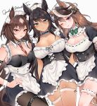  3_girls :d :o :p ;d alternate_costume apron bare_shoulders big_breasts black_dress black_hair black_pantyhose blue_choker blue_eyes blush bow bowtie breasts brown_hair choker cleavage dark-skinned_female dark_skin detached_collar dress enmaided green_bow green_bowtie hair_between_eyes hand_on_own_hip high_res horse_girl horse_tail long_sleeves looking_at_viewer maid maid_headdress multicolored_hair multiple_girls name_connection narusawa_(njzc2582) neck_tie one_eye_closed open_mouth pantyhose parted_lips purple_eyes red_eyes red_necktie red_ribbon ribbon short_sleeves signature simple_background sirius_symboli_(umamusume) sleeveless sleeveless_dress smile stockings symboli_kris_s_(umamusume) symboli_rudolf_(umamusume) tail thigh_strap tongue tongue_out umamusume v-shaped_eyebrows waist_apron white_apron white_background white_hair white_thighhighs zettai_ryouiki 