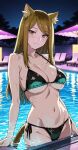 ai_generated bare_thighs big_breasts bikini brown_eyes brown_hair cat_ears cat_girl cat_tail chainsmoker_cat huge_breasts huge_thighs kaoruko_nishi_(kansaineko) light-skinned_female light_skin long_hair looking_at_viewer multicolored_hair pool poolside solo_female squatting sweat sweatdrop thick_body thick_female thick_thighs thighs voluptuous voluptuous_female