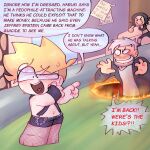 bdsm bdsm_gear bdsm_outfit blaehine blonde_hair booker_teshigawara cute cute_face dark_humor fingerless_gloves fire fishnet_legwear fishnet_stockings hole humor idk joke no_sex not_porn oc original_character shirtless shirtless_male sweat text
