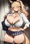  ai_generated bare_thighs belly_piercing bikini blonde_hair blue_eyes blush gigantic_breasts gold_city_(umamusume) gyaru horse_ears horse_girl horse_tail huge_breasts huge_thighs leopard_print leopard_print_bikini light-skinned_female light_skin long_hair looking_at_viewer massive_breasts ponytail school_uniform solo_female squatting stockings sweat sweatdrop thick_body thick_female thick_thighs thighs umamusume umamusume_pretty_derby voluptuous voluptuous_female 