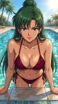  1girl adult_swim alluring big_breasts bikini bishoujo_senshi_sailor_moon bishoujo_senshi_sailor_moon_r bishoujo_senshi_sailor_moon_s bishoujo_senshi_sailor_moon_s_the_movie bishoujo_senshi_sailor_moon_supers bishoujo_senshi_sailor_moon_supers_the_movie black_and_green_hair blue_sky cleavage dario magenta_eyes pin_up setsuna_meiou swimming_pool toei_animation toonami viz_media 