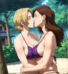  2_girls alternate_costume bangs bare_arms bare_shoulders batman_(series) batman_vs_robin beach beach_house big_breasts bikini blonde_female blonde_hair blue_earrings blush breast_press breasts brown_hair bush bushes cleavage closed_eyes collarbone couple critadako day dc_comics dcamu duo dutch_angle earrings female/female female_only house hugging jewelry kissing light-skinned_female light_skin lips lipstick long_hair love makeup midriff mole mole_under_eye multiple_girls mutual_yuri nature neck outside parted_bangs purple_bikini purple_lipstick purple_swimsuit romantic romantic_couple samantha_vanaver sand short_hair son_of_batman straight_hair supervillainess swimsuit symmetrical_docking talia_al_ghul tree villainess yuri 