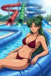  1girl adult_swim alluring big_breasts bikini bishoujo_senshi_sailor_moon bishoujo_senshi_sailor_moon_r bishoujo_senshi_sailor_moon_s bishoujo_senshi_sailor_moon_s_the_movie bishoujo_senshi_sailor_moon_supers bishoujo_senshi_sailor_moon_supers_the_movie black_and_green_hair blue_sky cleavage dario magenta_eyes pin_up setsuna_meiou swimming_pool toei_animation toonami viz_media 
