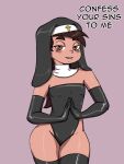 biting_lip blush blush_lines brown_eyes brown_hair bulge darkeros darkeros13 edit edited_by_uploader english_text flat_chest gloves latino leotard long_gloves looking_at_viewer marco_diaz mole nun_habit nun_outfit rule_63 simple_background standing star_vs_the_forces_of_evil steepled_fingers stockings tan_skin text thedarkeros thick_thighs third-party_edit