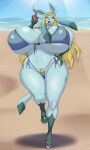  1girl beach big_ass big_breasts bikini blonde_hair blue_skin cute deadpliss glaceon ipan long_ears long_hair milf posing pubic_hair pussy_hair seductive sexy shoes smile soda_can tail thick_ass thick_legs yellow_hair 