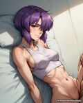 1boy 1girl abs artist_name bare_shoulders bed blush bottomless breasts closed_mouth clothing collarbone dark_skin ghost_in_the_shell hair_over_one_eye hetero implied_sex indoors kusanagi_motoko looking_at_viewer lying medium_breasts missionary muscular navel on_back on_bed out-of-frame_censoring patreon_username pillow purple_eyes purple_hair sex shirt short_hair sideboob smile solo_focus sports_bra stomach sweat tank_top taut_clothes toned twitter_username waifuai_studio web_address white_sports_bra white_tank_top