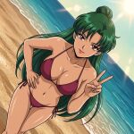  1girl adult_swim alluring beach big_breasts bikini bishoujo_senshi_sailor_moon bishoujo_senshi_sailor_moon_r bishoujo_senshi_sailor_moon_s bishoujo_senshi_sailor_moon_s_the_movie bishoujo_senshi_sailor_moon_supers bishoujo_senshi_sailor_moon_supers_the_movie black_and_green_hair blue_sky cleavage dario magenta_eyes ocean pin_up setsuna_meiou toei_animation toonami viz_media 