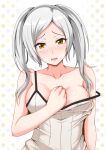 1girl 1girl 1girl alluring blush breasts brown_eyes camisole female_only fire_emblem fire_emblem_awakening light-skinned_female light_skin looking_at_viewer open_mouth polka_dot_background robin_(fire_emblem) robin_(fire_emblem)_(female) strap_slip tagme twin_tails white_hair yakuryo