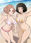 2_girls armpits beach big_breasts bikini black_hair blush breasts brown_eyes brown_hair cleavage clothed_female female_focus female_only happy haru_okumura high_res lepypepy looking_at_viewer mature mature_female medium_hair micro_bikini midriff multiple_girls navel persona persona_5 pink_bikini sadayo_kawakami short_hair side-tie_bikini sideboob smile standing summer swimsuit tagme teen thighs under_boob yellow_bikini