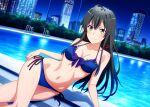  1girl alluring bare_legs black_hair blue_eyes by_pool m.akagi medium_breasts night night_sky pin_up poolside swimming_pool yahari_ore_no_seishun_lovecome_wa_machigatteiru. yukinoshita_yukino 