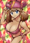  1girl alluring alternate_costume arm_behind_back bandana bare_arms bare_legs bare_shoulders big_breasts bikini blue_eyes blush breasts brown_hair cleavage closed_mouth collarbone creatures_(company) female_focus game_freak hair_between_eyes hand_up holding holding_poke_ball legs looking_at_viewer love_ball may may_(pokemon) multicolored_background nakaba navel neck nintendo pink_bandanna pink_bikini poke_ball pokemon pokemon_rse short_hair sideboob smile standing swimsuit 