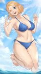  1girl 1girl absurd_res alluring bare_shoulders barefoot big_breasts bikini blonde_hair blue_bikini blue_eyes braid cameltoe cleavage collarbone crown_braid day feet high_res knees magdalenus27 navel nintendo ocean one_eye_closed open_mouth partially_submerged pointy_ears princess_zelda short_hair side-tie_bikini_bottom signature sky splashing standing standing_on_one_leg swimsuit teeth the_legend_of_zelda the_legend_of_zelda:_tears_of_the_kingdom thighs upper_teeth_only 