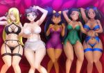  5girls :p alluring bedroom big_breasts black_lingerie blonde_hair blue_eyes blue_lingerie cynthia_(pokemon) dark-skinned_female diantha_(pokemon) female_only geeta_(pokemon) green_lingerie grey_eyes hair hair_ornament hair_over_one_eye iris_(pokemon) light-skinned_female lingerie looking_at_viewer medium_breasts multiple_girls nemona_(pokemon) pokemon purple_lingerie red_eyes white_lingerie zel-sama 