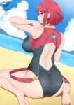  1girl 1girl alluring ass bangs beach big_breasts bikini competition_swimsuit highleg_bikini highleg_swimsuit kaos_art light-skinned_female light_skin milf nintendo one-piece_bikini one-piece_swimsuit outside pyra red_eyes red_hair short_hair swept_bangs swimsuit thick_thighs xenoblade_(series) xenoblade_chronicles_2 