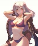 1girl alluring arms_up bikini bikini_under_clothes cleavage fire_emblem fire_emblem_awakening fire_emblem_heroes hands_behind_head koyorin medium_breasts nintendo robin_(fire_emblem) robin_(fire_emblem)_(female) robin_(summer)_(fire_emblem)_(female) silver_hair twin_tails