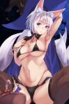 1girl 1girl absurd_res alexi_oekaki alternate_costume animal_ear_fluff animal_ears arm_behind_head armpits azur_lane bikini black_bikini blue_eyes breasts broken broken_chain brown_thighhighs candy candy_cane chain cleavage food fox_ears fox_tail halloween high_res kaga_(azur_lane) kitsune medium_breasts multiple_tails short_hair skindentation spread_legs squatting stockings swimsuit tail white_hair white_tail