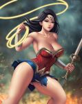  1girl big_breasts black_hair breasts brown_eyes cleavage curvy_female dc_comics diana_prince female_only flowerxl lasso_of_truth light-skinned_female superheroine sword wonder_woman wonder_woman_(series) 