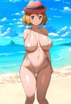  1girl ai_generated beach bikini blonde_hair blue_eyes breasts female_focus game_freak hat high_res hips huge_breasts light-skinned_female light_skin micro_bikini navel nintendo ocean pokemon pokemon_xy serena_(pokemon) short_hair stable_diffusion thick_thighs thighs water wide_hips 