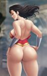  1female 1girl backboob backless big_ass big_breasts black_hair clothed clothing dat_ass dc_comics diana_prince female female_only flowerxl from_behind looking_at_viewer no_panties pussy pussy_bulge rear_view solo superhero thick_thighs wonder_woman wonder_woman_(series) 