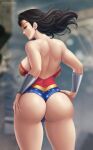  1female 1girl backboob backless big_ass big_breasts black_hair clothed clothing dat_ass dc_comics diana_prince flowerxl from_behind looking_at_viewer panties pussy_bulge rear_view repost superhero thick_thighs wonder_woman wonder_woman_(series) 