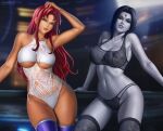 1girl 2_girls abs alternate_breast_size belly belly_button big_breasts black_lingerie breasts cleavage cleavage_cutout dc_comics female_only flowerxl lingerie long_hair looking_at_viewer nipples_visible_through_clothing older older_female pinup raven_(cosplay) raven_(dc) red_hair short_hair smooth_skin starfire starfire_(cosplay) stockings teen_titans thick_thighs thighs under_boob white_lingerie wide_hips young_adult young_adult_female young_adult_woman