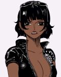  big_breasts black_eyes black_hair breasts dark-skinned_female dark_skin glasses_on_head nico_robin one_piece pervert pervert_female sex_invitation sexually_suggestive short_hair solo_focus sunglasses 