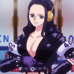  1girl 1girl big_breasts black_hair blue_eyes breasts long_hair mature_female nico_robin one_piece pervert pervert_female sex_invitation sexually_suggestive smile solo_focus 