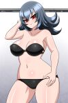  1girl 1girl alluring bare_legs big_breasts black_bra black_underwear blue_hair bra cleavage female_focus female_only game_freak gym_leader looking_at_viewer medium_hair nintendo pin_up pokemon pokemon_hgss pokemon_rgby red_eyes sabrina_(pokemon) sabrina_(pokemon_hgss) smile solo_female thighs underwear voluptuous yensh 