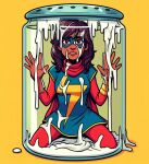  1girl brown_eyes brown_hair brown_skin cum cum_in_jar cum_on_body cum_on_breasts cum_on_clothes cum_on_face cum_on_legs dark-skinned_female excessive_cum eyemask fully_clothed jar kamala_khan looking_at_viewer marvel marvel_comics ms._marvel muslim_female older older_female pakistani_female shrinking shrunk superheroine young_adult young_adult_female young_adult_woman 