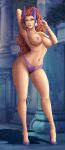  1girl belly_button big_breasts breasts cleavage curvy curvy_figure dc_comics earrings female_only flowerxl green_eyes high_heels lingerie long_hair long_legs luand&#039;r milf nipples panties purple_panties red_hair solo_female solo_focus tamaranean teen_titans thick_thighs topless topless_female wide_hips 