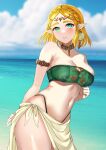  1girl absurd_res alluring bandeau bare_shoulders big_breasts bikini blonde_hair blue_sky braid cloud cowboy_shot crown_braid day green_bikini green_eyes high_res looking_at_viewer navel nintendo ocean pointy_ears princess_zelda sarong short_hair sky standing stomach strapless swimsuit tara_(szzj7733) the_legend_of_zelda the_legend_of_zelda:_tears_of_the_kingdom thick_eyebrows thighs tube_top water 