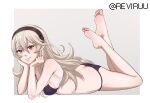  1girl 1girl 1girl alluring alternate_costume ass bare_legs barefoot big_ass bikini black_bikini black_swimsuit blonde_hair breasts butt_crack corrin_(fire_emblem) corrin_(fire_emblem)_(female) female_only fire_emblem fire_emblem_fates hair_between_eyes hairband legs legs_up long_hair looking_at_viewer medium_breasts nintendo on_stomach pointy_ears red_eyes reviruu sideboob smile swimsuit the_pose very_long_hair 