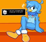  1girl 2024 anthro avian bird black_eyes blackmore blue_body blue_hair breasts dialogue english_text female_focus female_only first_porn_of_character footwear footwear_only fur martlet_(undertale_yellow) mostly_nude navel nipples nude red_nipples shoes shoes_only small_breasts table tail talking text undertale undertale_(series) undertale_yellow 